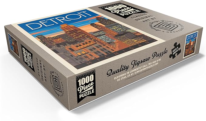 MyPuzzle Detroit, MI: Skyline, Vintage Poster - Premium 1000 Piece Jigsaw Puzzle for Adults