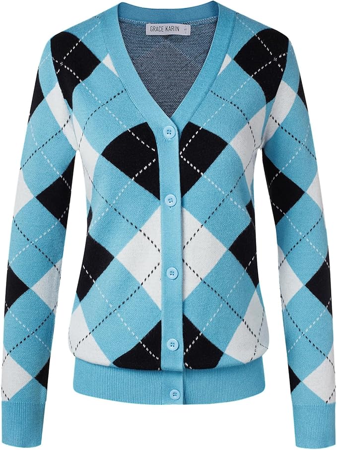 GRACE KARIN Womens Cardigan Sweater Fall Fashion Argyle Sweater Button Up Cardigan Teacher Outfits Preppy Clothes