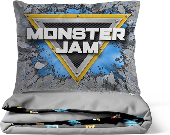 Jay Franco Kids Duvet Cover Set – 3 Piece Super Soft Bedding with Sham Pillowcase, Cover ONLY Comforter Not Included, Grey - Monster Jam, Full