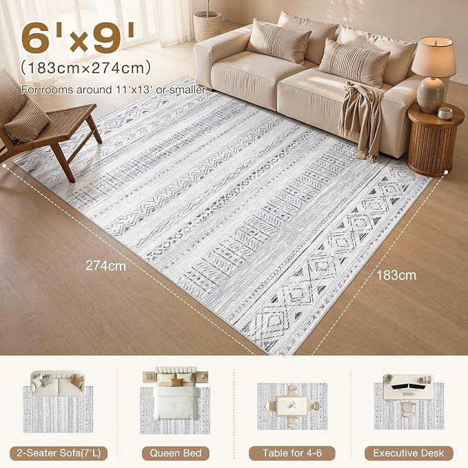 cotiled 6x9 Area Rugs Living Room Rug: Washable Boho Rugs with Non Slip Backing Large Soft Indoor Stain Resistant Carpet for Bedroom Farmhouse Dining Room Lightweight Home Decor Dark Grey