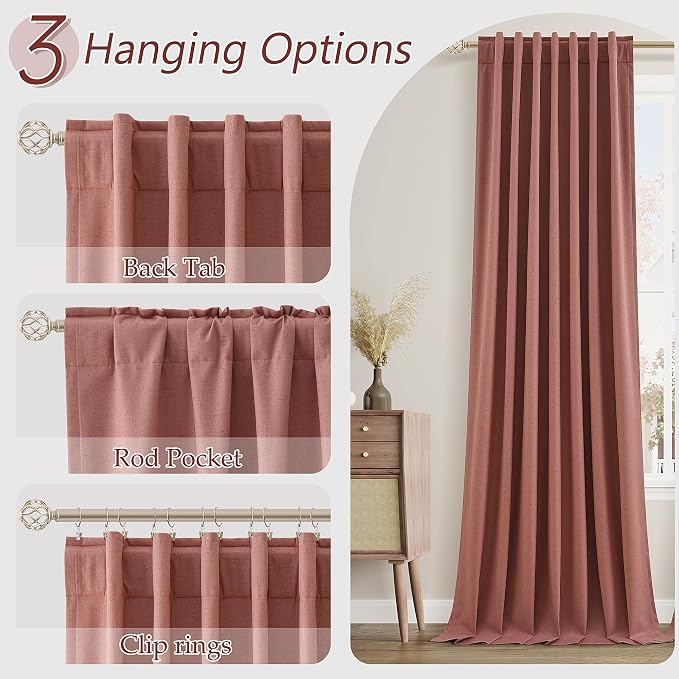 Dusty Rose 100% Blackout Linen Curtains 102 Inch Length 2 Panels Set for Girls Bedroom Back Tab Thermal Insulated Black Out Drapes Room Darkening Farmhouse Style for Bedroom Window Curtains 52x102