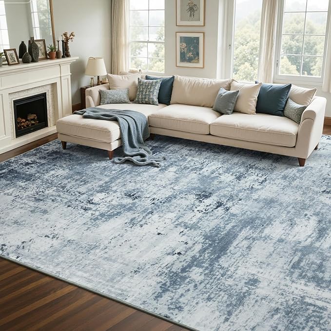 8x10 Ft Large Area Rugs for Living Room, Soft Non-Slip Washable Rugs Modern Abstract Pattern Carpet for Bedroom Indoor Floor Nursery Home Decor (Blue)