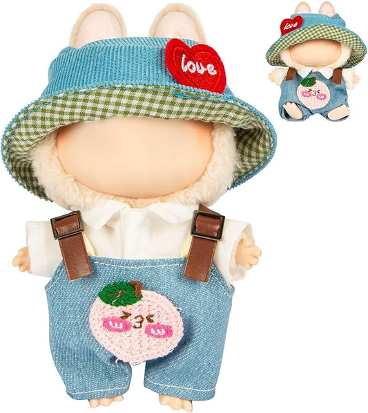 3-Piece Doll Clothes for Labubu & 17cm Dolls – Stylish Fisherman Hat Set, Kawaii Doll Outfits with Accessories for Collectors or Display - Blue Peach (No Dolls)