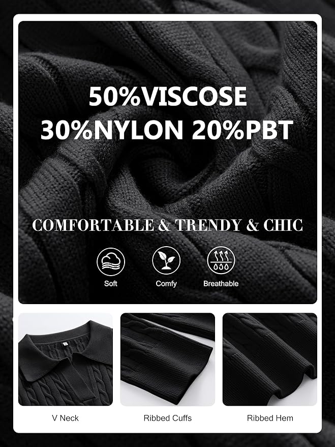 ANRABESS Womens Cable Knit Sweaters Long Sleeve V Neck | Pullover Collared Sweater Tops, Polo Knit Shirts, Business Casual Work, Tennis Golf, Fall Winter Fashion Outfits