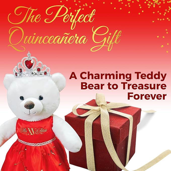 Quinceañera Teddy Bear 18-inches Tall with Dress for 15th Birthday, Quince Bear with Matching Crown, Ideal Keepsake for 15th Birthday, Mis XV Años - Red