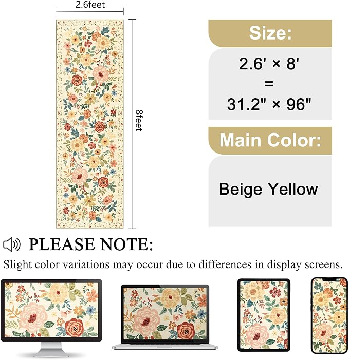 DUKINO 2.6x8 Hallway Runner Rug, Washable Runner Rug Non Slip, Beige Yellow | Low Pile, Soft, Floral Indoor Rug for Kitchen, Entryway, Bedroom, Bathroom, Pet Friendly, Stain Resistant, Modern Home Decor