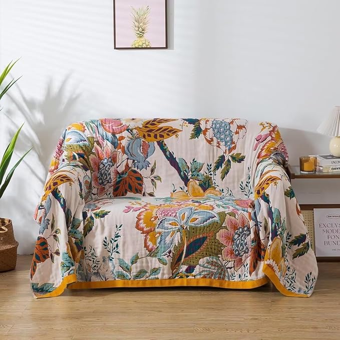 Boho Throw Blanket for Bed 100% Cotton Bohemian Blankets Ultra Soft Woven Muslin Decorative Blankets All Seasons Vintage Quilt Knitted Blanket for Sofa Chair(Beige, 80"x90")