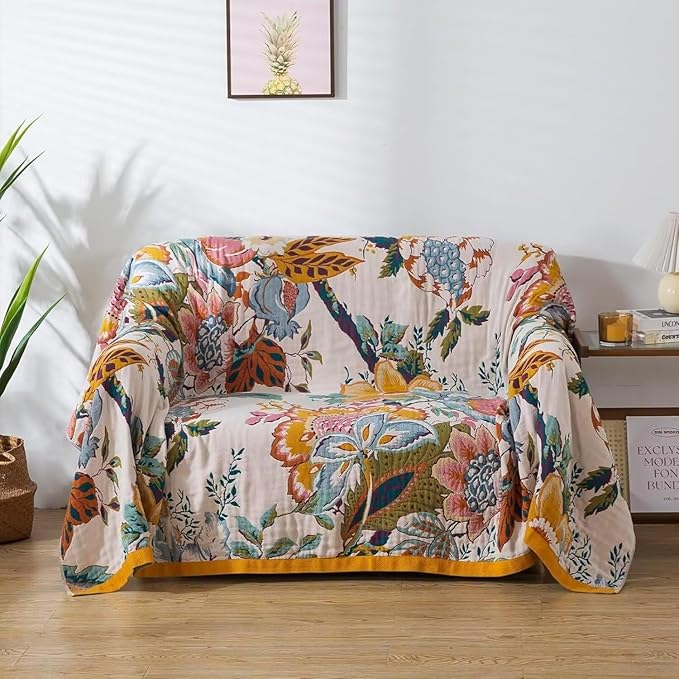 Boho Throw Blanket for Bed 100% Cotton Bohemian Blankets Ultra Soft Woven Muslin Decorative Blankets All Seasons Vintage Quilt Knitted Blanket for Sofa Chair(Beige, 50"x60")