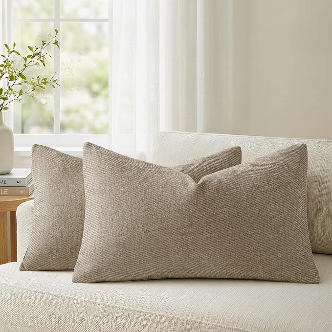 a moment Pack of 2 Decorative Chenille Throw Pillow Covers with Twill Cushion Covers for Sofa Living Room Couch Bed 12x20 Inch Light Brown