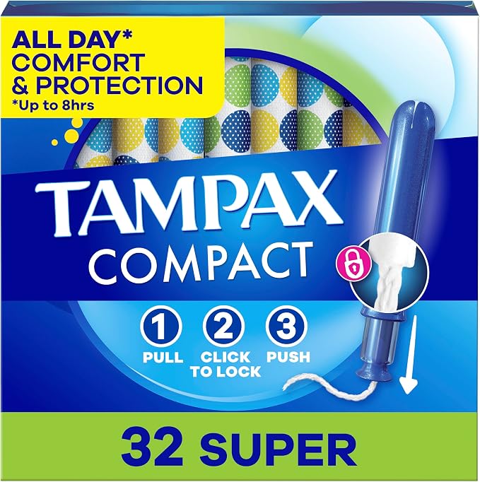 Tampax Compact Pearl Tampons for Women, with LeakGuard Braid & Extendable Applicator, Super Absorbency, Compact Extendable Applicator, Unscented, 32 Count