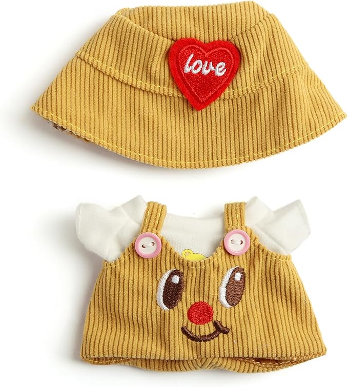 3-Piece Doll Clothes for Labubu & 17cm Dolls – Stylish Fisherman Hat Set, Kawaii Doll Outfits with Accessories for Collectors or Display - Yellow Smiley (No Dolls)