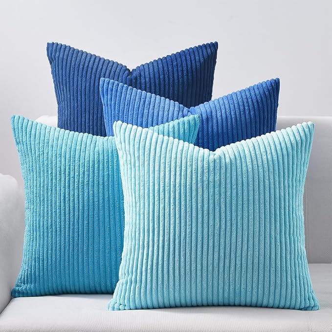 Topfinel Blue Decorative Throw Pillow Covers 16x16 Inch Set of 4,Soft Accent Corduroy Striped Gradient Color Small Cushion Cover for Beach,Patio,Balcony,Couch Living Room,Summer Home Decor