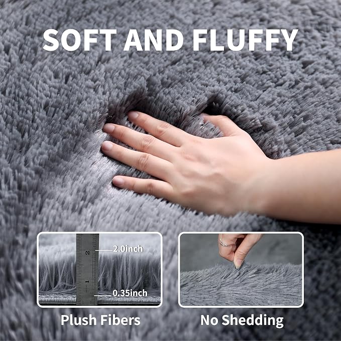 6x9 Grey Shag Rug for Bedroom, Soft Plush Fluffy Washable Carpet | Gray Area Rug for Living Room, Kids Nursery, College Dorm Room, Non Slip Modern Shaggy Plush Floor Carpet