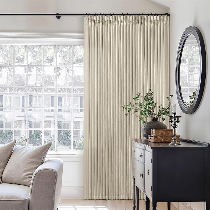 92 Inch Beige Linen Curtains 2 Panels Set Pinch Pleated for Living Room Bedroom Memory Training Shaped Semi Sheer Neutral Tan Flax Burlap Pleat Drapes Hooks Rings Light Filtering Window Curtain