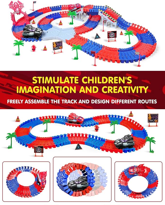 Spider Tracks Car Toys for Boys Ages 3-8, 2 Spider Cars & 212PCS Flexible Race Track, STEM Building Toy Gift for 3 4 5 6 7 8 Year Old Kids