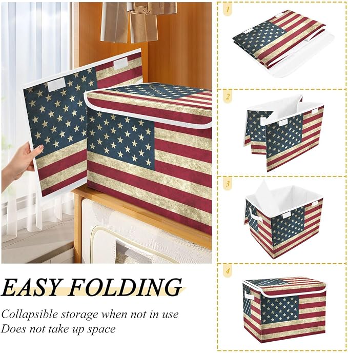 American Flag Storage Bins with Lids and Carrying Handle,Foldable Storage Boxes Organizer Containers Baskets Cube with Cover for Home Bedroom Closet Office
