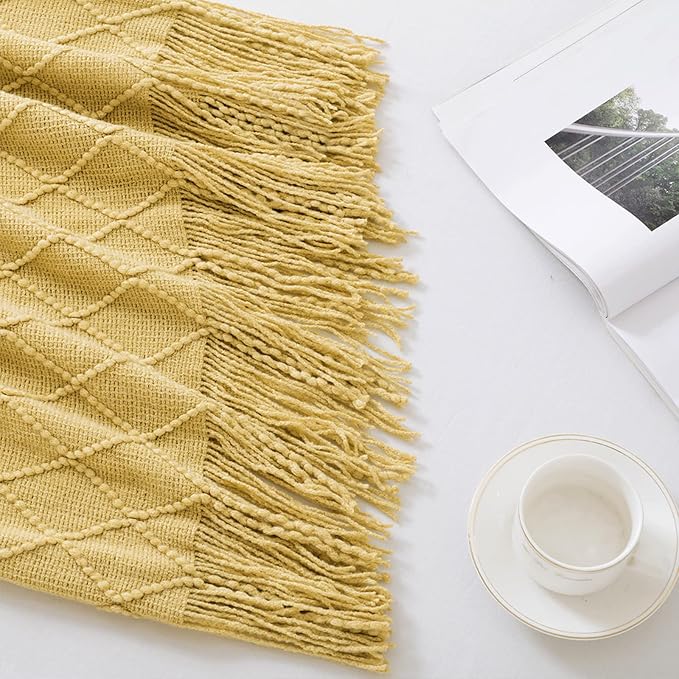 BOURINA Mustard Throw Blanket 50x60 Inch Boho Knit Soft Throw Sofa Blanket | Knitted Throw Blanket 50x60 Inches, Soft Lightweight Boho Weave Throw Decorative Couch Blanket for Living Room Bedroom Chair