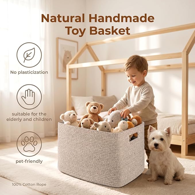 OIAHOMY 75L Large Blanket Basket, 22”x17”x12” Woven Cotton Rope Storage Basket with Handle for Organizing Blanket and Toys for Living Room, Nursery, Brown Variegated