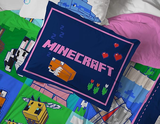 Jay Franco Minecraft Animal Patch 7 Piece Full Bed Set - Includes Comforter & Sheet Set Bedding - Super Soft Fade Resistant Microfiber (Official Minecraft Product)