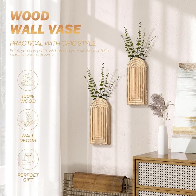 EOSAHR Wall Vase: Wall Planter for Bathroom Decor Aesthetic, Natural Wood | 2Pcs Bathroom Set, Pine Wood, Wall Plant Holder for Home Decor, Boho Wall Art for Living Room, Farmhouse Decor