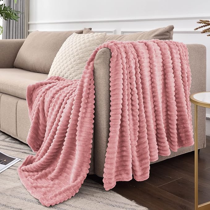 BEDELITE 3D Ribbed Jacquard Pink Fleece Twin Blanket for Bed, 60x80 Inch | Soft Warm Decorative Fluffy Blanket, Cozy Plush Lightweight Fuzzy Throw Blanket for Couch Sofa Room Decor, Gift for Women