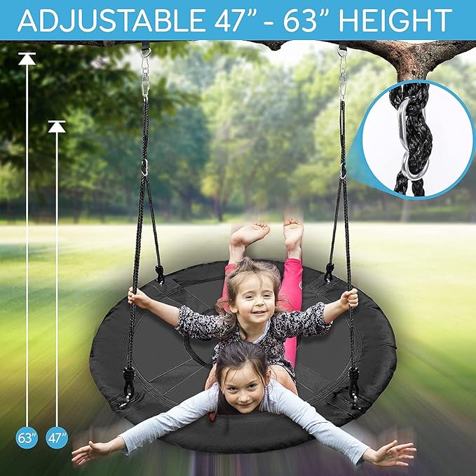 SereneLife 40" Saucer Swing - Outdoor Swing Set with Universal Hanging Kit, Swinging Seat Spinner with Pillow & Carry Bag, Weatherproof, Water-Resistant, Supports Up to 700 lbs, Black