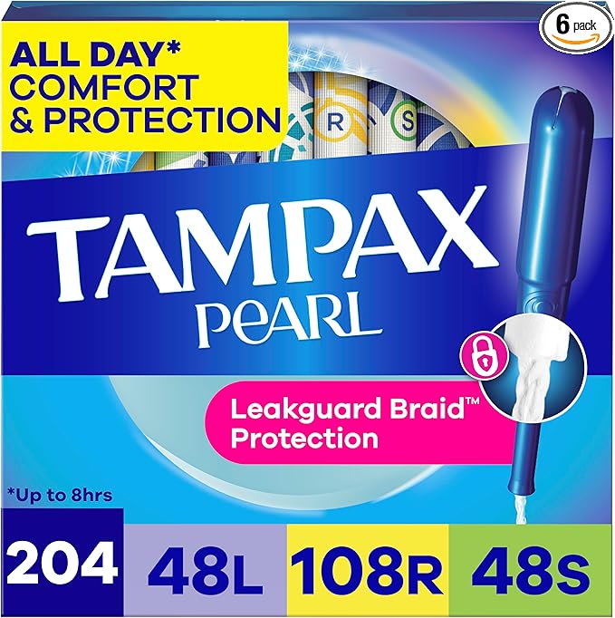 Tampax Pearl Plastic Tampons for Women Multipack, with LeakGuard Braid, Light/Regular/Super Absorbency, Unscented, 204 Count (6 Packs of 34)