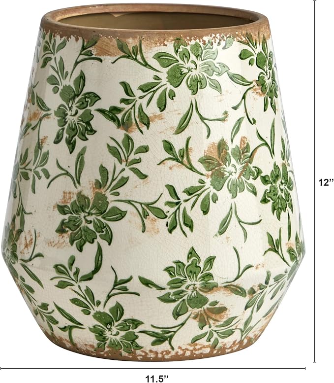 10in. Tuscan Ceramic Green Scroll Planter | Artisanal Floral Pattern, Quality Ceramic, Rustic Square Silhouette, Versatile Home Decor, Indoor Use only