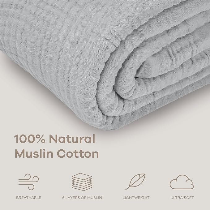 Comfy Cubs Adult Muslin Blanket 108x90” King Swaddle Blankets, Heather Blue | 6 Layer Soft, Breathable & Lightweight Muslin Adult Blanket - Machine Washable & Designed in the US Bedding for All Seasons