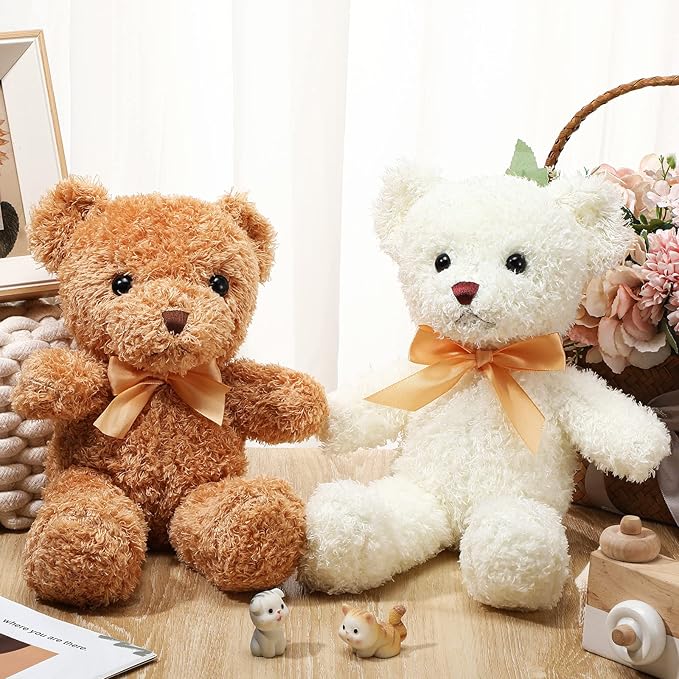 HyDren 5 Pcs Bears Stuffed Animal Soft Plush Toys Valentine 12 Inches Cute Small Shaggy Bear with Hoodie Bow Tie for Kids Boys Girls Baby Shower Birthday Party(Bow Tie Style,Light Brown, White)