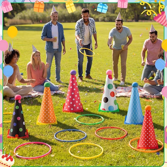 Seenelling 24 Pcs Plastic Ring Toss Game, Birthday Party Game 6 Birthday Hat Cones and 18 Colorful Rings Outdoor Sport Toss Toys Backyard Lawn Cone and Ring for Family Party Activities