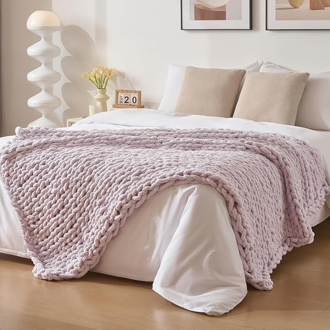 Bigacogo Chunky Knit Throw Blanket for Couch, 40x80 inches, Berry Haze | Hand Knit with Jumbo Chenille, Soft Breathable Cable Knit for Sofa Bed Living Room, Machine Washable, Gift for Mom Friend