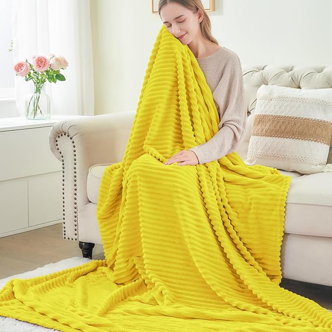 BEDELITE Ribbed Jacquard Yellow Fleece Throw Blanket for Couch, 50x60 Inch | Soft Warm Decorative Fluffy Blanket, Cozy Plush Lightweight Fuzzy Throw Blanket for Bed Sofa Home Room Decor, Gift for Women