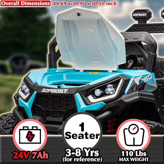 sopbost 24V 7Ah Kids UTV Ride On Car with Remote Control 4WD Battery Powered Ride On Toys Off-Road Electric Car for Boys Girls, Music Play, Blue & White