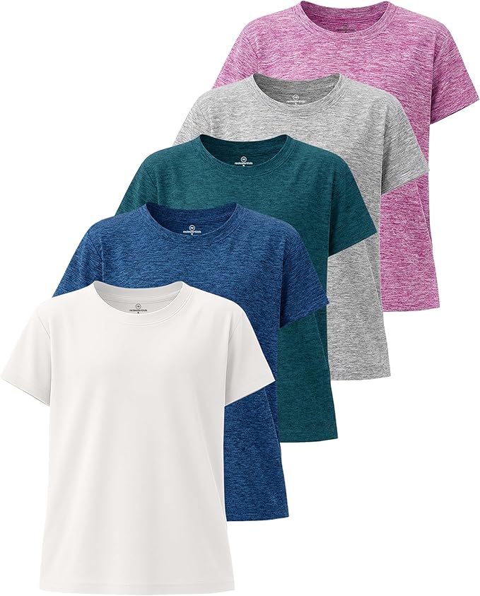 Real Essentials 5 Pack: Girls' Short Sleeve Dry-Fit Athletic T-Shirt - Active Gym Crew Neck Tops for Teens Kids (Ages 4-16)
