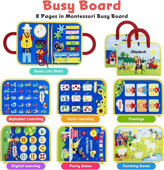 STEVE and MAGGIE Montessori Busy Board & Book - Newly Upgraded Sensory Travel Toy for Toddlers | Educational Activities to Learn Fine Motor Skills | Unisex Birthday Gift