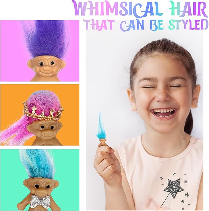 50 Pcs Long-haired Lucky Mini Troll Dolls, Assorted Hair Colors, 0.78" Bodies, 2" Hair. Cake Toppers, Action Figures, School Project, Arts and Crafts, Party Favors