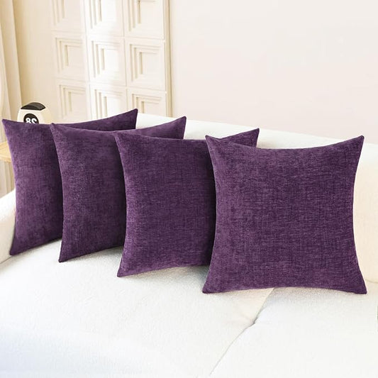 CaliTime Decorative Couch Throw Pillow Covers 18 X 18 Inches Plum Purple | Pack of 4, Cozy Chenille Cushion Cases for Sofa Bed Living Room Farmhouse Home