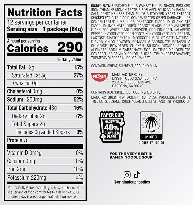 Nissin Cup Noodles, Spicy Jalapeno Chicken (Pack of 12) | Ramen Noodle Soup