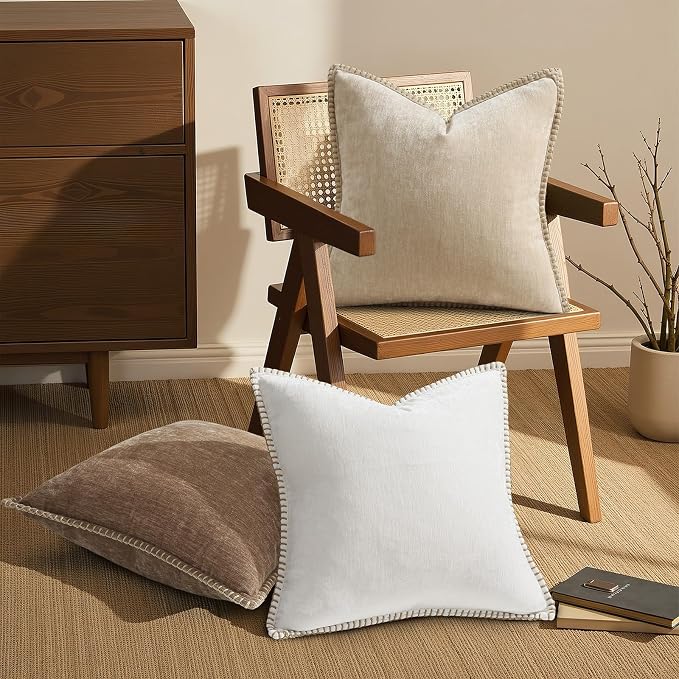 decorUhome Soft Chenille Throw Pillow Covers 26x26 Set of 2 Brown | Fall Textured Decorative Throw Pillow Cases Stitched Edge Modern Farmhouse Luxury Boho Velvet for Couch Sofa Bed Home Decor
