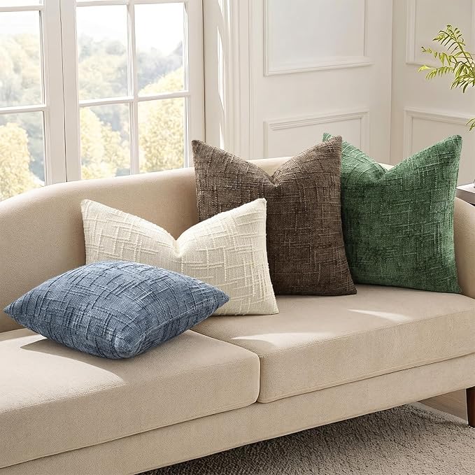 decorUhome Textured Chenille Throw Pillow Covers 22x22 Set of 2 Grey Blue | Fall Modern Farmhouse Soft Cozy Slubby Couch Pillow Cases Boho Decorative Pillow Cases for Bed Sofa Living Room Home Decor