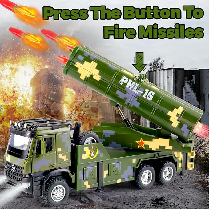 Army Toys - Military Truck with 6 Missiles, Rotatable Turret, Light & Sound for Boys 6-8