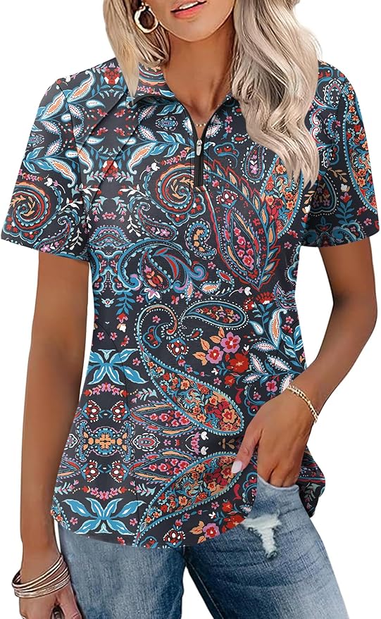 LOMON Womens Golf Polo Shirt Summer Short Sleeve Quarter Zip Outfit | Side-Pockets,Princess Seams,Cotton,Wrinkle Free,Moisture Wicking,Quick-Dry,Lightweight,Collared,for Tennis Workout