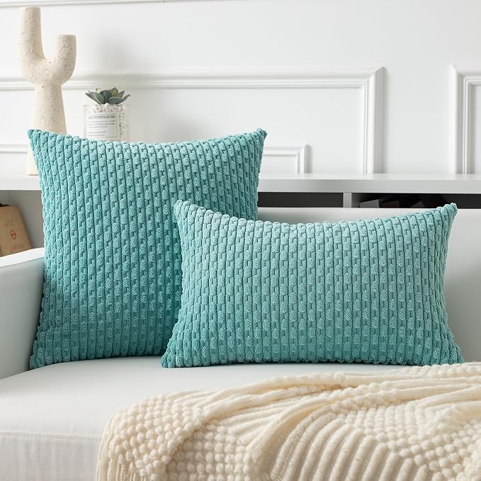 Kevin Textile Soft Corduroy 12"x24" Lumbar Pillow Cover 1 Pack, Aqua Green | Boho Stripe Plush Corduroy Decorative Oblong Cushion Cover Modern Farmhouse Home Decor for Sofa Couch Bed Chair