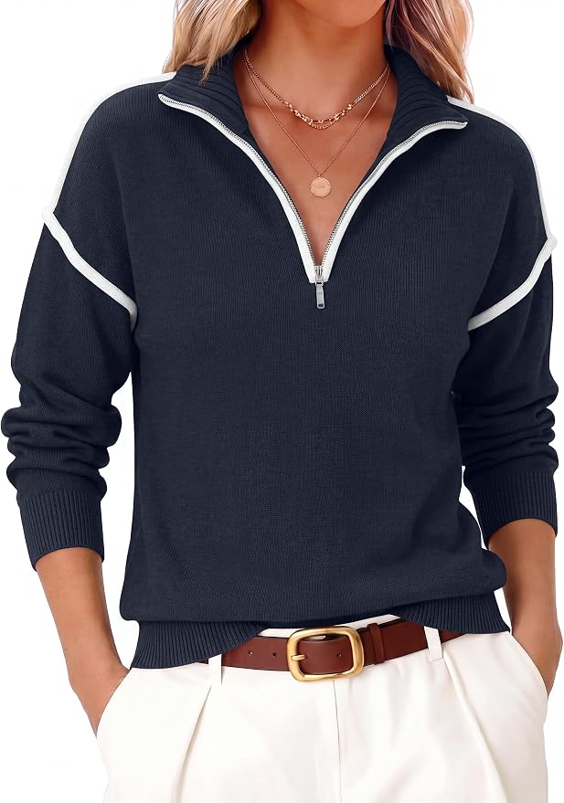 ANRABESS Womens Quarter Zip Sweaters Fall Long Sleeve V Neck Shirts Collared Business Casual Tops Knit Pullover Sweatshirts