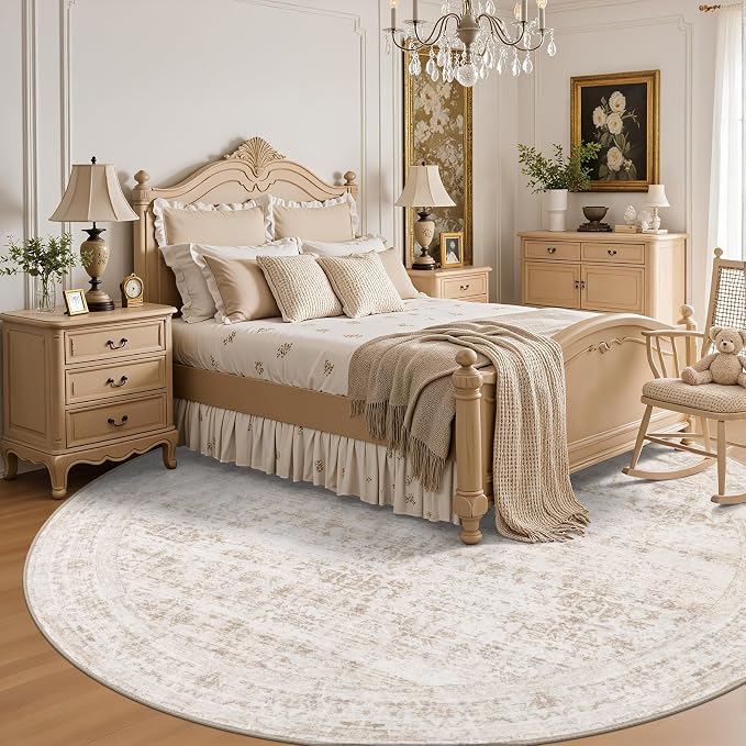 Round Area Rug for Living Room: 4 ft Washable Vintage Boho Soft Thin Circle Rug Indoor Floor No Slip Stain Resistant Carpet for Bedroom Dining Room Farmhouse Nursery Home Office -Beige Brown
