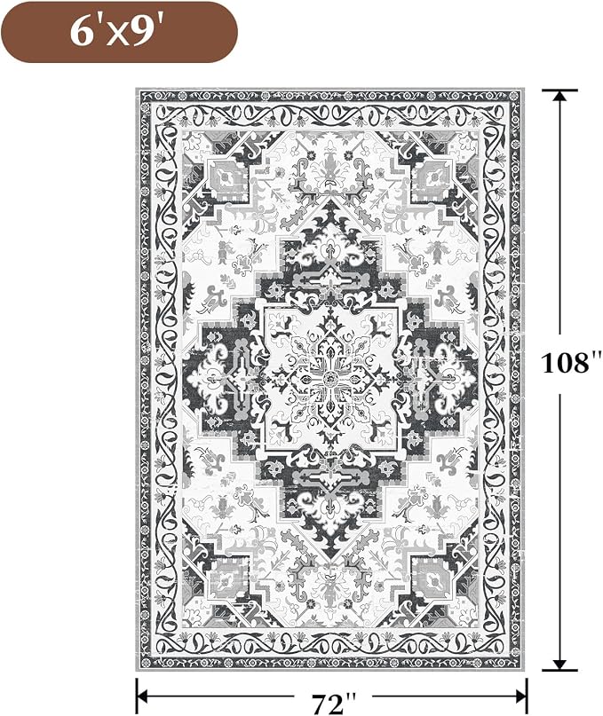 Rugflix 6x9 Area Rugs for Living Room, Washable Light Grey Large Rug | Machine Washable; Stain-Resistant; Low Pile; Non-Slip; Boho Vintage Printed; Carpet for Bedroom Dining Office Nursery Home