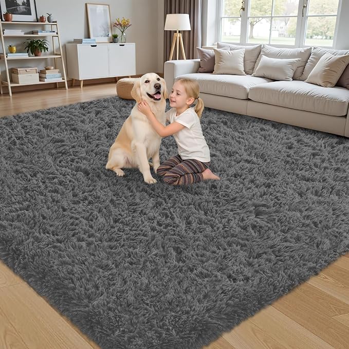5x8 Area Rug for Living Room:Ultra Soft Fluffy Shag Dark Grey Rugs,Large Fuzzy Plush Indoor Non Slip Carpet Washable Rug for Bedroom Kids Nursery Office Dorm Modern Decor(Dark Grey 5'x8')