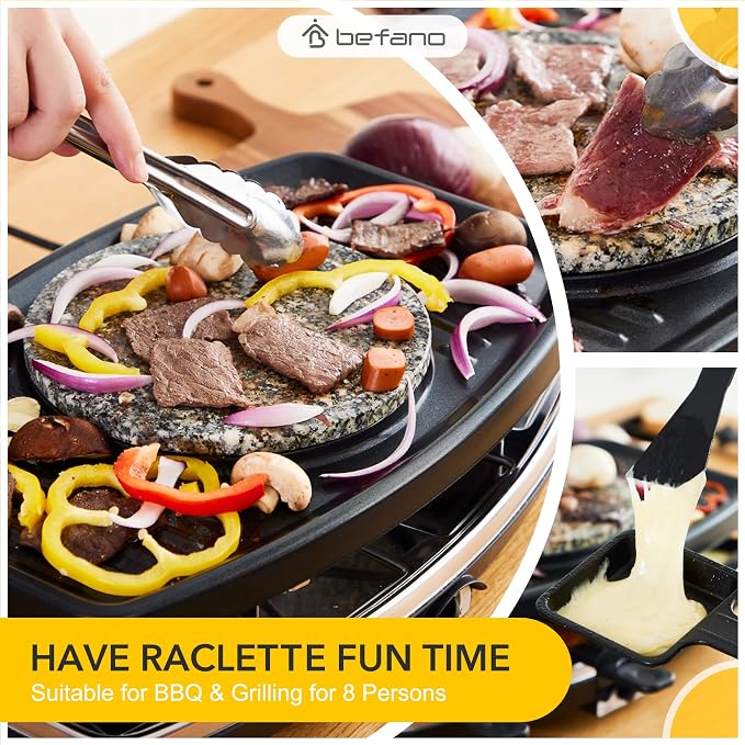 Electric Raclette Grill With Fondue Pot, 1100W Table Grill for 8 Peopl | 3-In-1 Raclette, Fondue And Grill Design, 1100W Heating, 8 Serving Pans, Adjustable Temperature for Indoor Gatherings