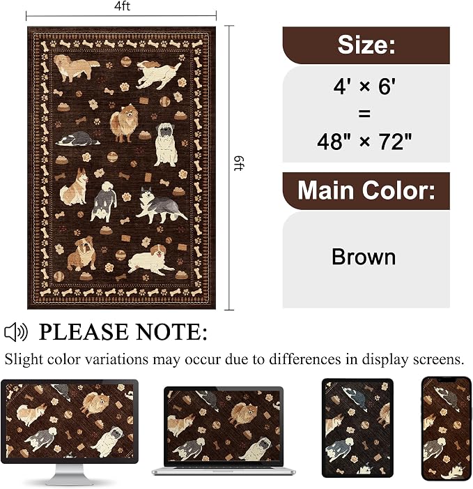 DUKINO 4x6 Area Rug, Washable Dog Rug for Living Room Non Slip, Brown | Low Pile, Stain Resistant, Soft Animal Carpet for Bedroom Office Dorm Dining Room Kids Room Farmhouse, Kid & Pet Friendly